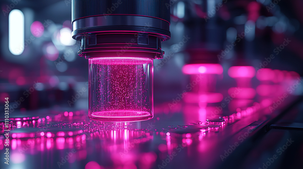 Aufkleber modern technology showcases a close-up of a glass container illuminated by pink light in a high-tech