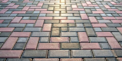 A perspective view of a patterned concrete walkway with rectangular and square tiles, showcasing the intricate design and texture of the pavement.
