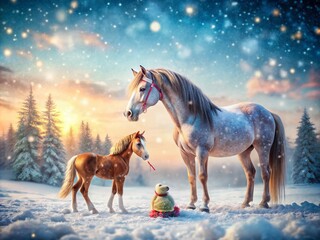Enchanting Double Exposure of a Majestic Horse and a Whimsical Toy Horse in a Winter Wonderland with a Heartwarming Kiss