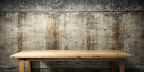 A weathered wooden table with a worn, distressed concrete backdrop, perfect for showcasing products or displaying minimalist designs.