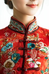 Red embroidered garment, floral motifs, traditional fastening.