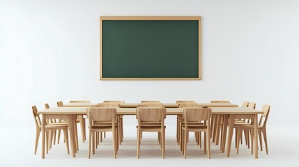 Bright and Spacious Classroom with Wooden Furniture, Large Chalkboard, and Simple Design Ideal for Educational Settings and Collaborative Learning Environments