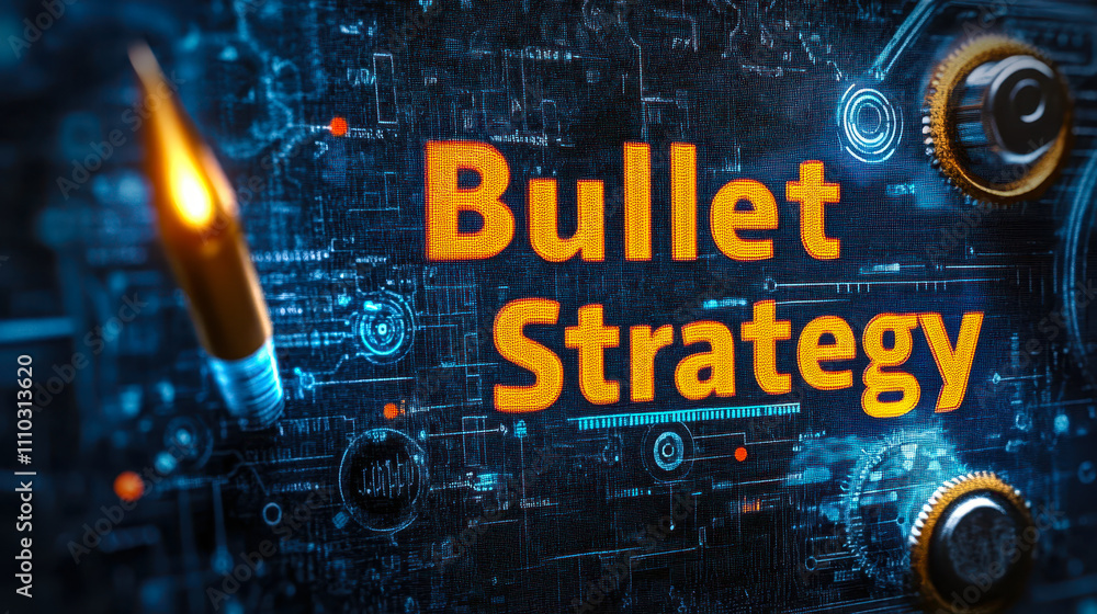 Poster bullet strategy concept on digital circuit board background with futuristic elements