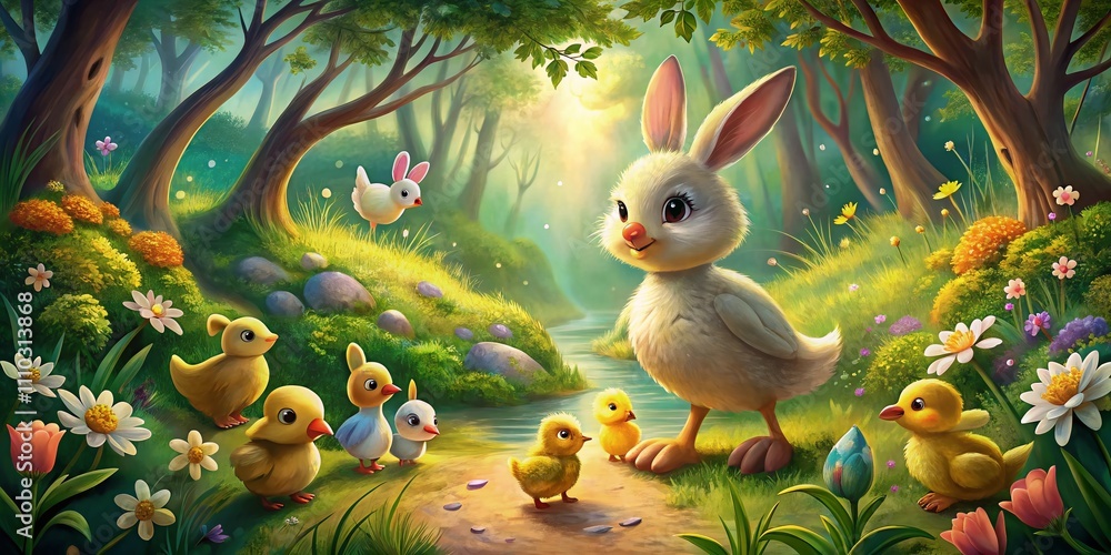 Poster enchanting fairytale illustration of a rabbit guiding adorable ducklings through a whimsical forest 