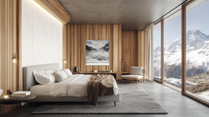 A 3D rendering of a stylish master bedroom showcases a serene yet contemporary design. The room is anchored by a comfortable king-size bed, dressed in crisp white bedding with layered gray and neutral