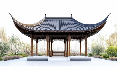Obraz premium Wooden gazebo, curved roof, garden setting.