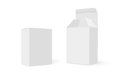 Two Paper Packaging Boxes, Closed, Opened Mockup, Side View, Isolated On White Background. Vector Illustration