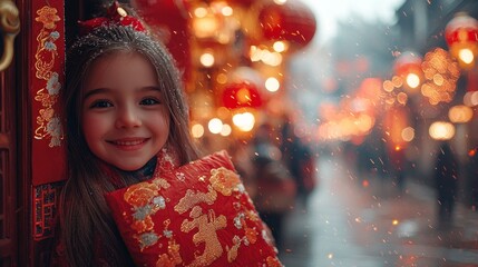 Joyful girl smiling with traditional attire during festive celebrations