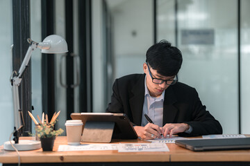 Business professional working diligently at desk modern office productivity scene sleek environment focused concept