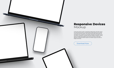 Modern Responsive Devices Mockup, Laptops, Tablet Computer, Smartphone. Vector Illustration