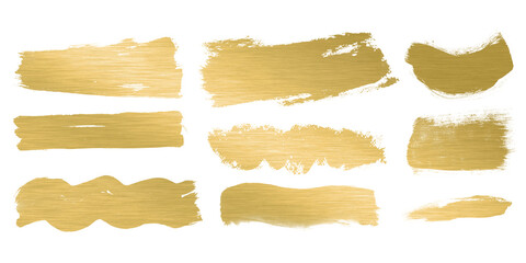 Golden foil artistic vector brush strokes, brushstroke shapes, smears, stripes, rough lines set....