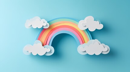 Colorful Paper Cut Rainbow with Fluffy Clouds on a Bright Blue Background for Creative Projects and Decorative Purposes