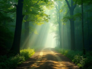 Obraz premium Sunlight filters through forest canopy, casting golden rays 