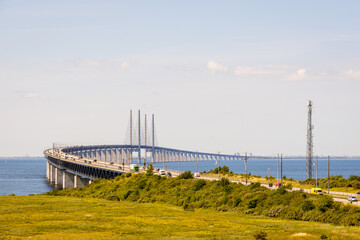 General view of the Oresund bridge from the swedish shore, a railway and motorway cable-stayed bridge across the Oresund strait between Denmark and Sweden, opened to traffic in 2000.