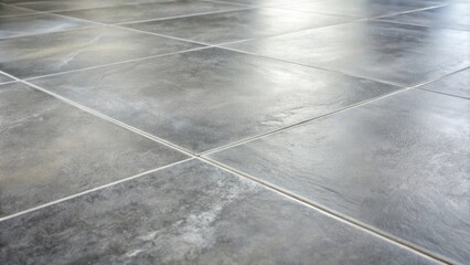 A close-up perspective of gray ceramic floor tiles with a subtle texture and slight sheen.