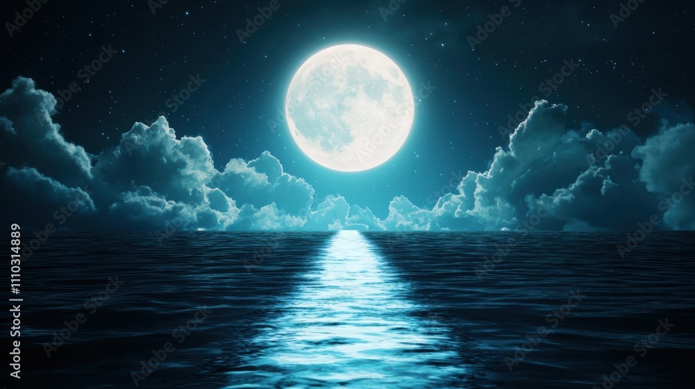 Poster a bright, full moon reflects brilliantly on the surface of a calm ocean, creating a shimmering path 