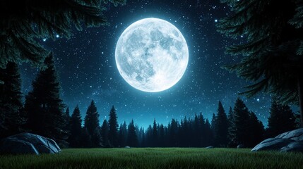 Naklejka premium A large, luminous full moon hangs high in a clear night sky, casting a cool, silver glow over a tranquil forest clearing below.