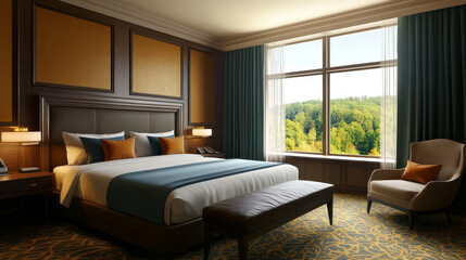 
A 3D rendering of a stylish hotel bedroom interior captures the perfect blend of luxury, comfort, and modern design.