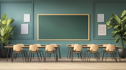 Modern Classroom Interior Featuring Green Walls, Wooden Desks, Stylish Chairs, and Green Plants, Ideal for Educational and Learning Environments