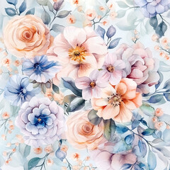 Watercolor Floral Bouquet  Pastel Roses  Anemones  and Blue Flowers