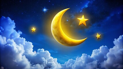 Naklejka premium Enchanting Night Sky with a Yellow Crescent Moon and Stars Surrounded by Fluffy Clouds on a Deep Blue Background for Dreamy and Serene Imagery