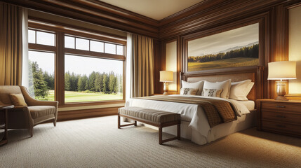 Fototapeta premium A 3D rendering of a stylish hotel bedroom interior captures the perfect blend of luxury, comfort, and modern design.