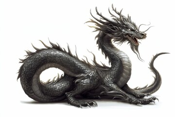 Fototapeta premium Dark, powerful dragon, coiled, detailed scales.