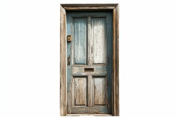 Old, weathered, paneled door; blue, gray, brown tones.