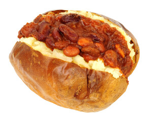 Beef chilli con carne filled baked jacket potato isolated on a white background