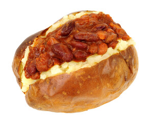 Beef chilli con carne filled baked jacket potato isolated on a white background