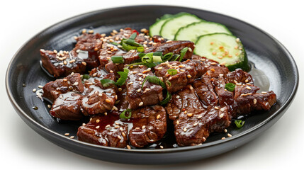 Hot beef steak served with cucumber and soy sauce on black plate, white background