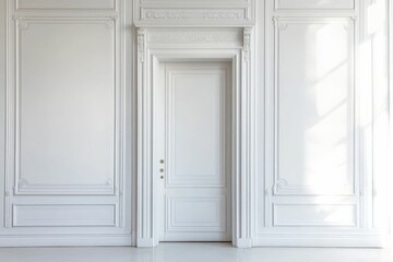 White paneled walls, ornate door, sunlight.