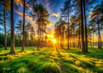 Enchanting Sunset in a Forest with Sun Rays Illuminating the Lush Grass and Creating a Serene Atmosphere for Nature Lovers and Outdoor Enthusiasts