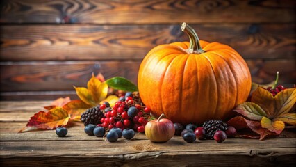 A rustic autumn harvest scene with a pumpkin, berries, and fall leaves on a wooden table