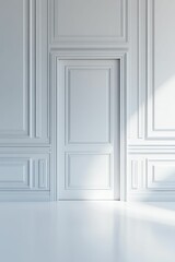 White paneled walls, recessed door, bright room.