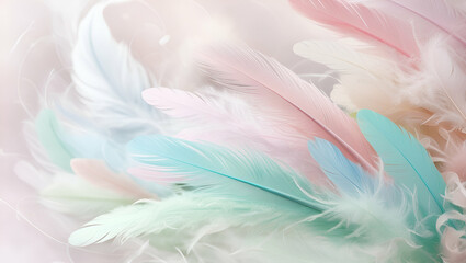 a serene composition of pastel feathers in soft hues, forming a light and graceful abstract pattern.