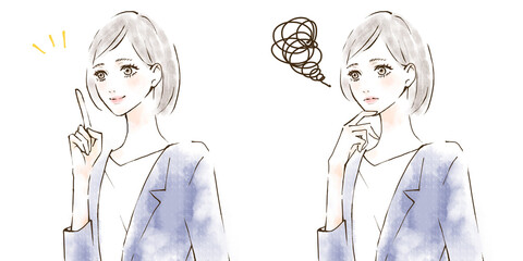 指差しポイント　コンプライアンス研修　笑顔と不安な表情のイラストセット　スーツ