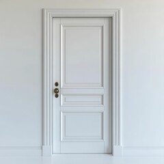 White paneled door, ornate frame, simple hardware.