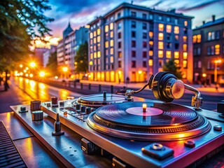 Engaging Documentary Photography of a Vinyl DJ Turntable Setup Capturing the Essence of Music, Creativity, and Nostalgia in a Stylish Urban Environment