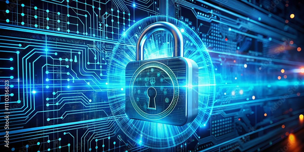 Poster enhance cybersecurity with a digital padlock on a virtual interface screen to safeguard online prese