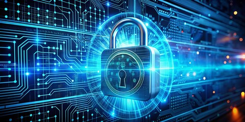 Enhance Cybersecurity with a Digital Padlock on a Virtual Interface Screen to Safeguard Online Presence and Protect Business Data Privacy Against Cyber Threats