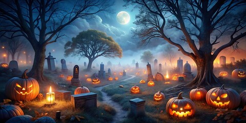Enigmatic Nightscape with Eerie Glowing Pumpkins and Spooky Cemetery under Moonlight Captured by Drone Photography for a Haunting Atmosphere