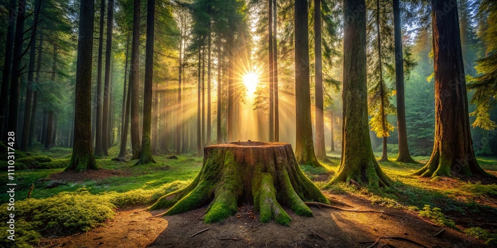 Poster enigmatic tree stump surrounded by towering trees in a mysterious dark forest setting, perfect for n