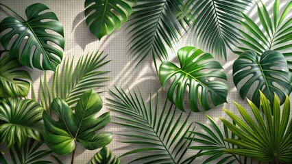 A vibrant collection of tropical foliage arranged against a light background, showcasing the intricate details of each leaf.