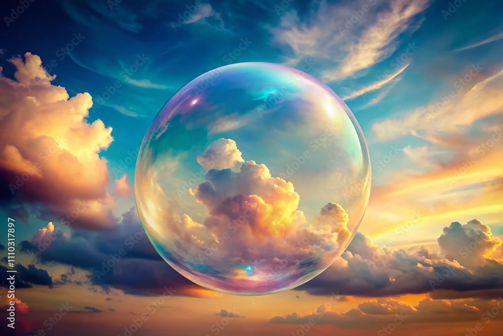 Poster ethereal double exposure of a soap bubble resembling a soft cloud in a dreamy sky setting with gentl
