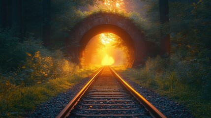 Naklejka premium Sunlit train tracks disappear into a mystical stone archway in a misty forest.
