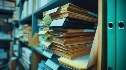 Obraz premium Stack files folders bookshelf office storage room are stacked document