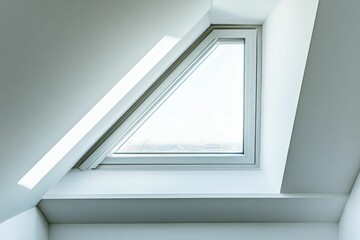 Obraz premium Triangular window, white frame, sloped ceiling.