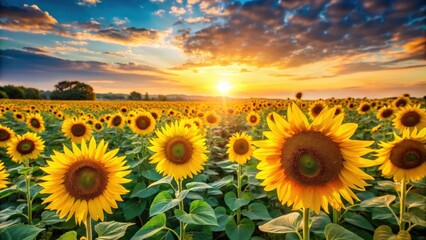 Fototapeta premium A vibrant field of sunflowers basking in the golden glow of a setting sun, their petals unfurling towards the sky, creating a breathtaking scene of nature's beauty