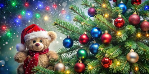 A cuddly teddy bear wearing a Santa hat and a red polka-dot scarf leans against a festively decorated Christmas tree adorned with colorful ornaments and twinkling lights.